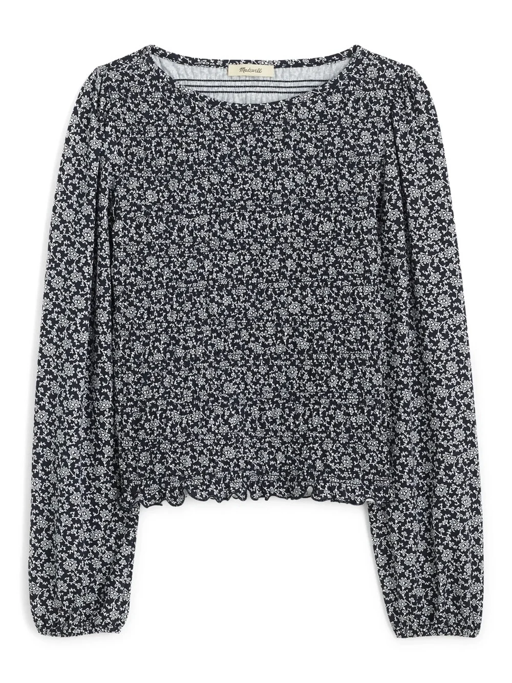 Madewell Navy Floral Long-Sleeve Smocked Top - Size Medium